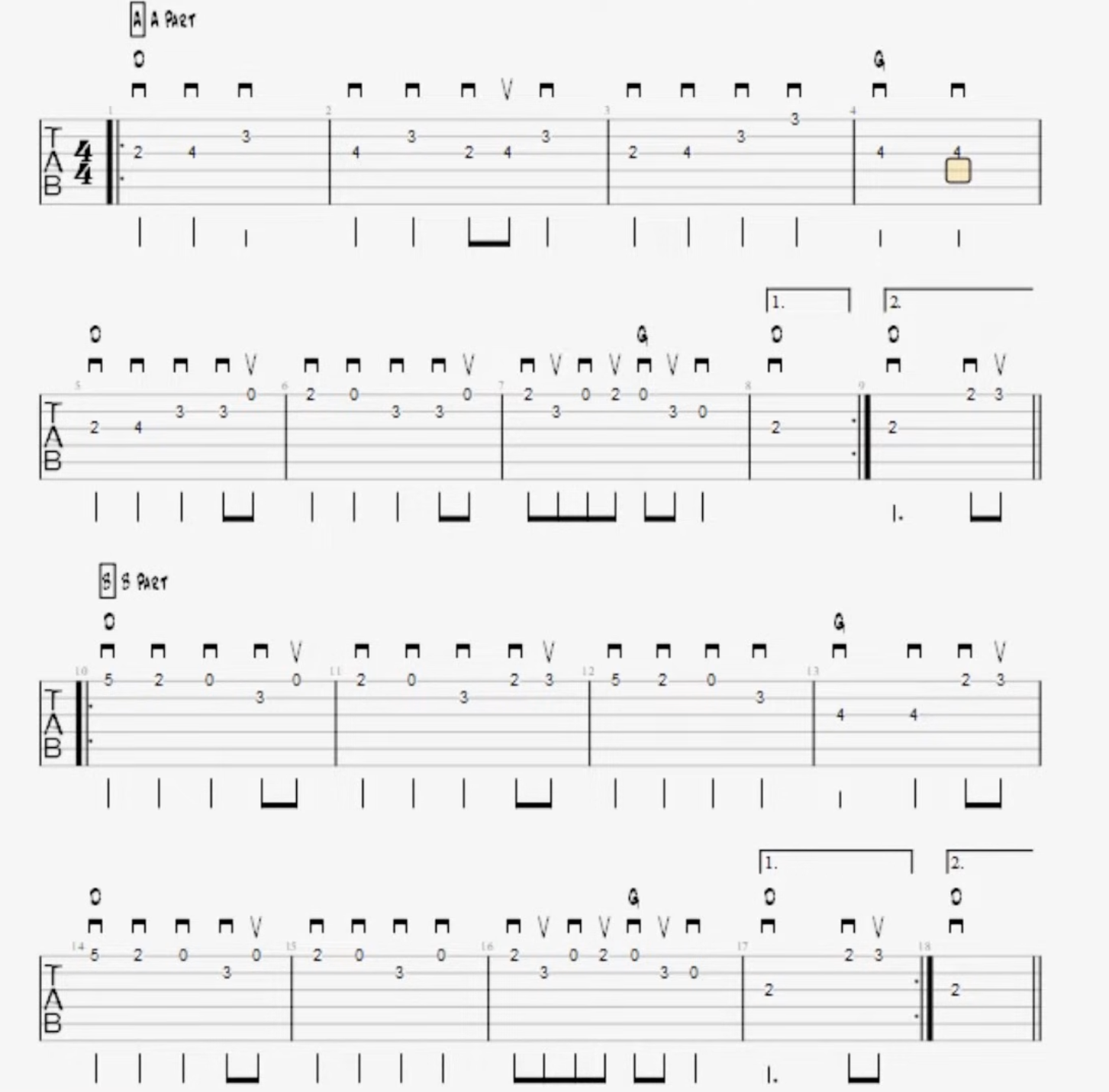Uploaded guitar tablature of Angeline the Baker, showing A and B parts with D and G chords.